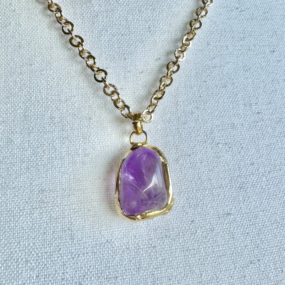 3 For $25! Gold Tone Chain  w Purple Stone Necklace - Picture 3 of 6